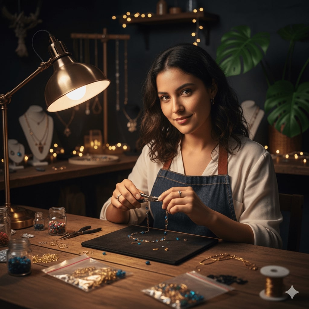 Pequena empreendedora criando bijuterias com paixão